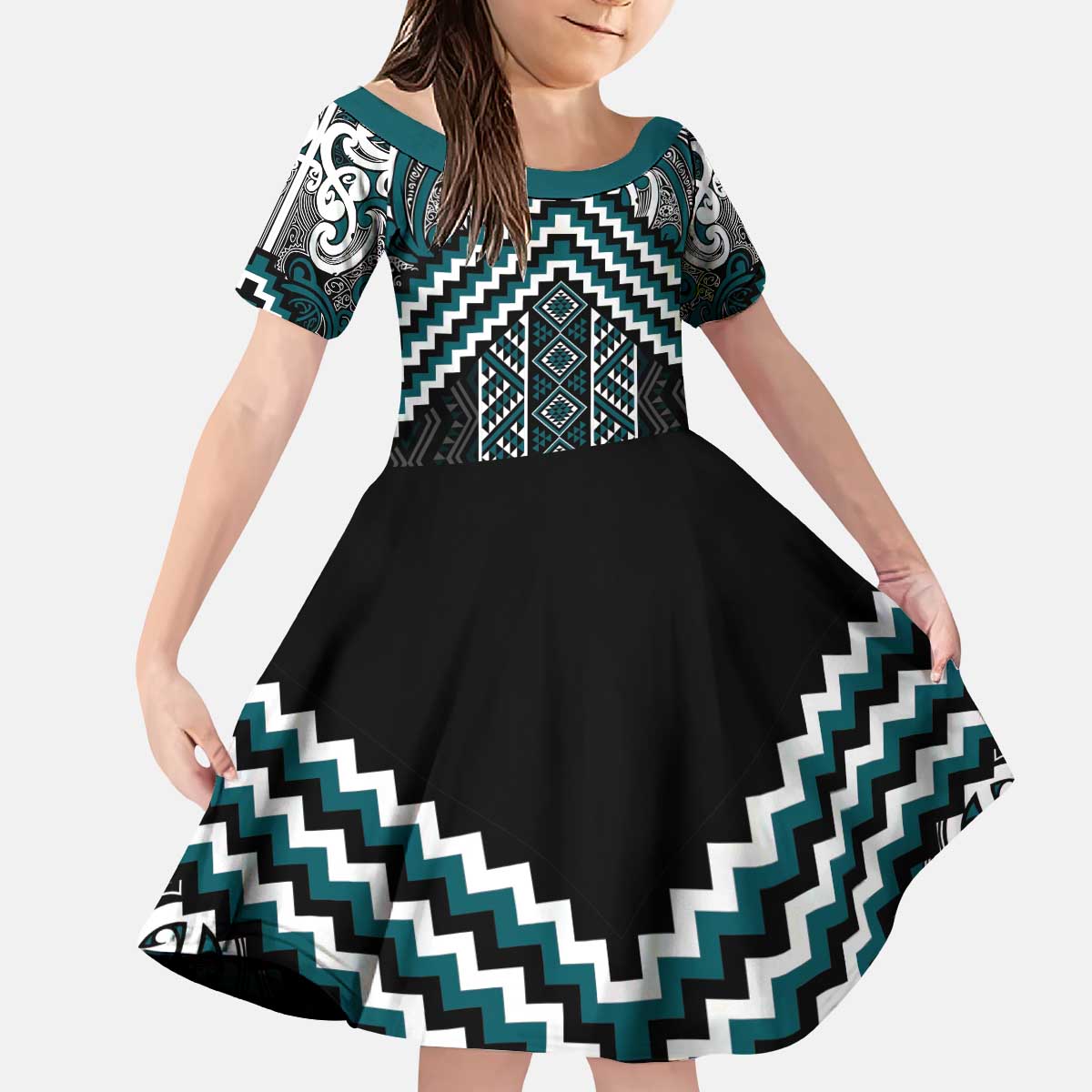 Maori Tukutuku Taniko Motifs Kid Short Sleeve Dress Teal Poutama Mix Kowhaiwhai