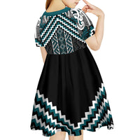 Maori Tukutuku Taniko Motifs Kid Short Sleeve Dress Teal Poutama Mix Kowhaiwhai