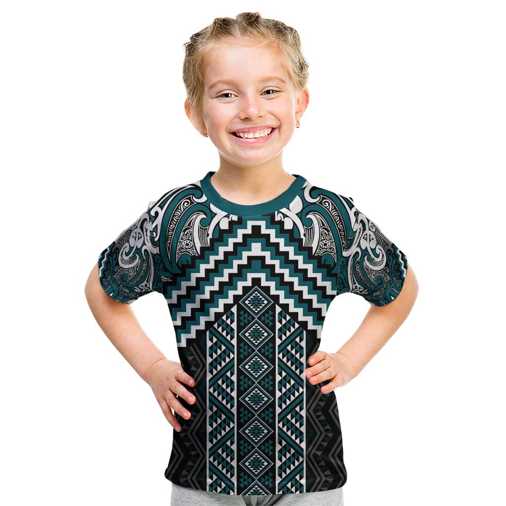 Maori Tukutuku Taniko Motifs Kid T Shirt Teal Poutama Mix Kowhaiwhai LT7 Teal - Polynesian Pride