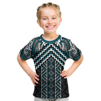 Maori Tukutuku Taniko Motifs Kid T Shirt Teal Poutama Mix Kowhaiwhai LT7 Teal - Polynesian Pride