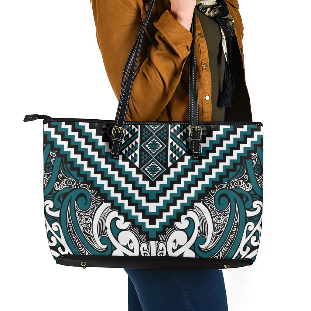 Maori Tukutuku Taniko Motifs Leather Tote Bag Teal Poutama Mix Kowhaiwhai LT7 - Polynesian Pride