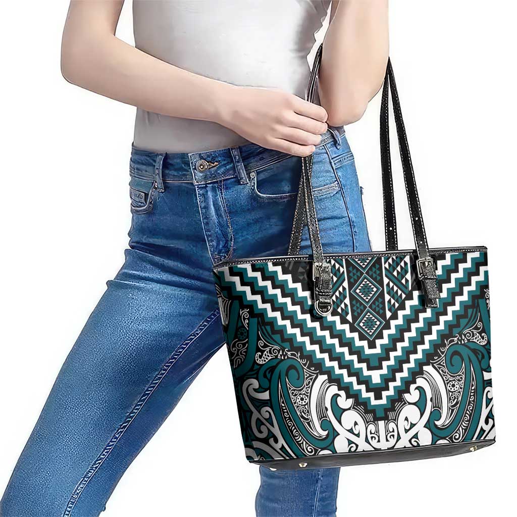 Maori Tukutuku Taniko Motifs Leather Tote Bag Teal Poutama Mix Kowhaiwhai LT7 - Polynesian Pride