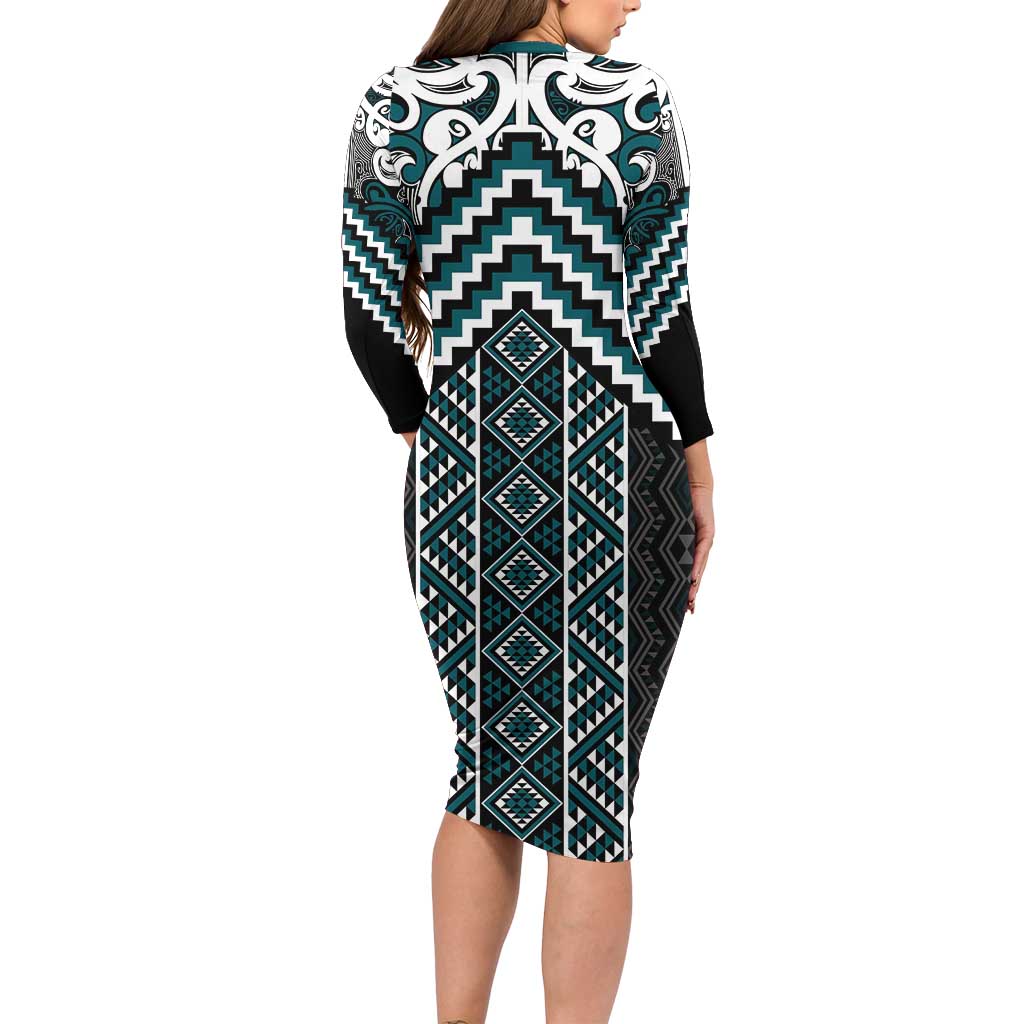 Maori Tukutuku Taniko Motifs Long Sleeve Bodycon Dress Teal Poutama Mix Kowhaiwhai