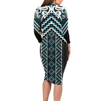 Maori Tukutuku Taniko Motifs Long Sleeve Bodycon Dress Teal Poutama Mix Kowhaiwhai