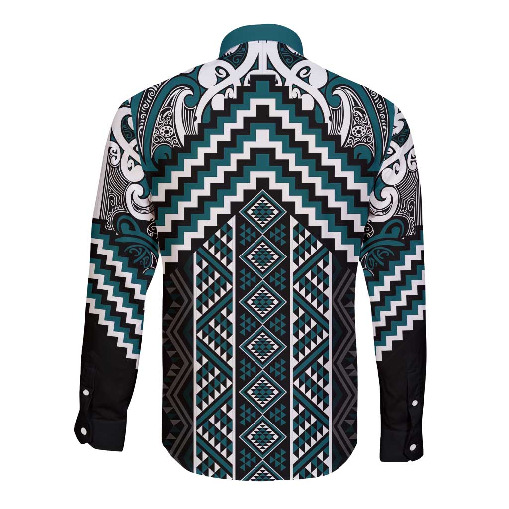 Maori Tukutuku Taniko Motifs Long Sleeve Button Shirt Teal Poutama Mix Kowhaiwhai LT7 - Polynesian Pride