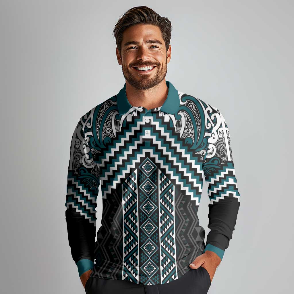 Maori Tukutuku Taniko Motifs Long Sleeve Polo Shirt Teal Poutama Mix Kowhaiwhai