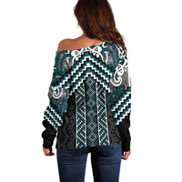 Maori Tukutuku Taniko Motifs Off Shoulder Sweater Teal Poutama Mix Kowhaiwhai