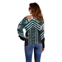 Maori Tukutuku Taniko Motifs Off Shoulder Sweater Teal Poutama Mix Kowhaiwhai