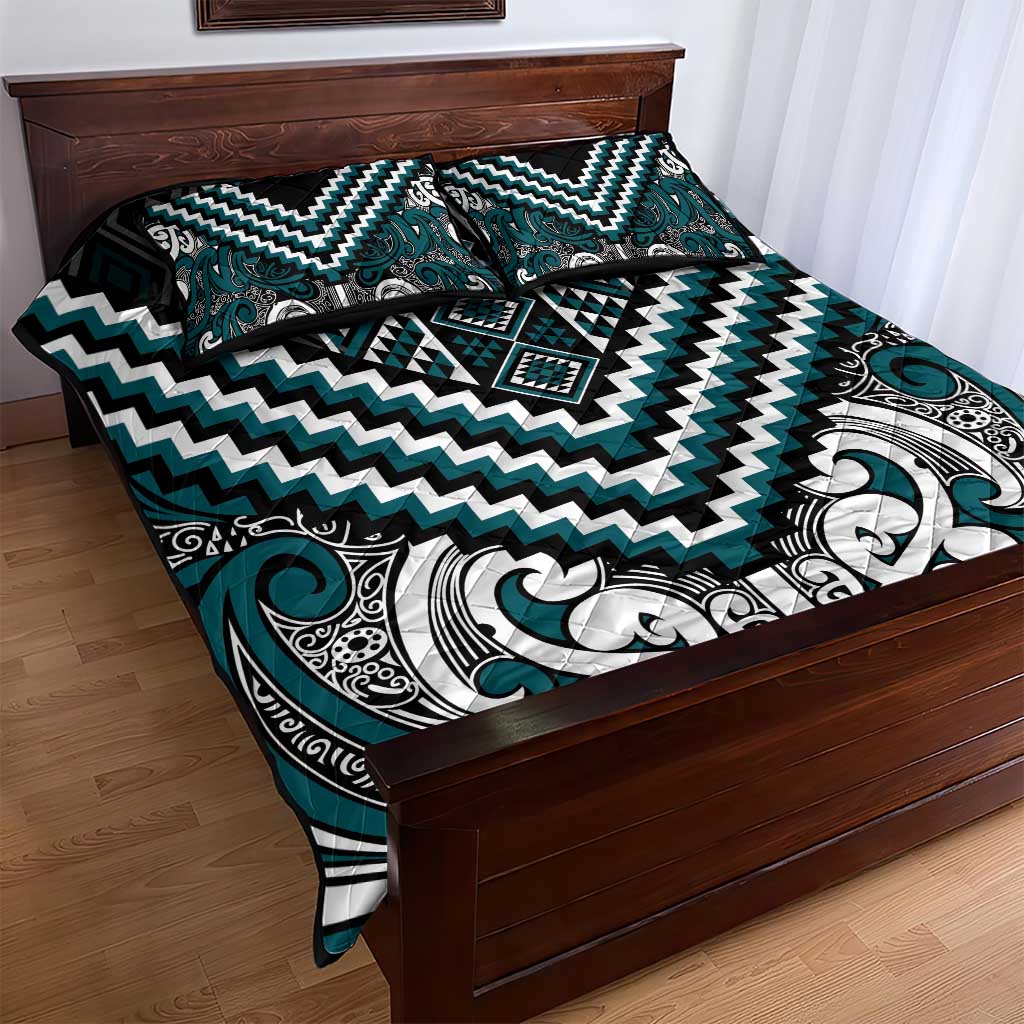 Maori Tukutuku Taniko Motifs Quilt Bed Set Teal Poutama Mix Kowhaiwhai