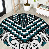Maori Tukutuku Taniko Motifs Round Carpet Teal Poutama Mix Kowhaiwhai
