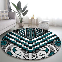 Maori Tukutuku Taniko Motifs Round Carpet Teal Poutama Mix Kowhaiwhai