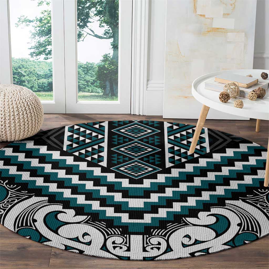 Maori Tukutuku Taniko Motifs Round Carpet Teal Poutama Mix Kowhaiwhai