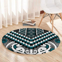 Maori Tukutuku Taniko Motifs Round Carpet Teal Poutama Mix Kowhaiwhai