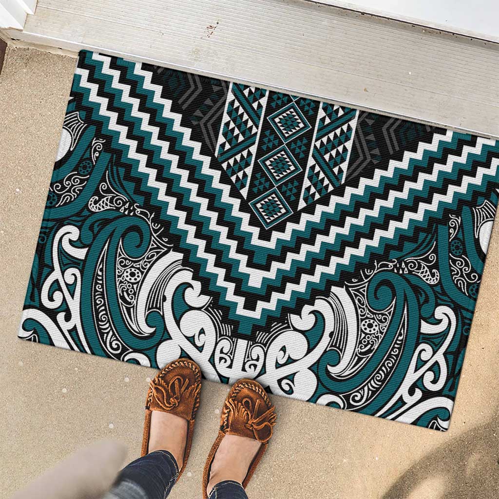 Maori Tukutuku Taniko Motifs Rubber Doormat Teal Poutama Mix Kowhaiwhai LT7 - Polynesian Pride