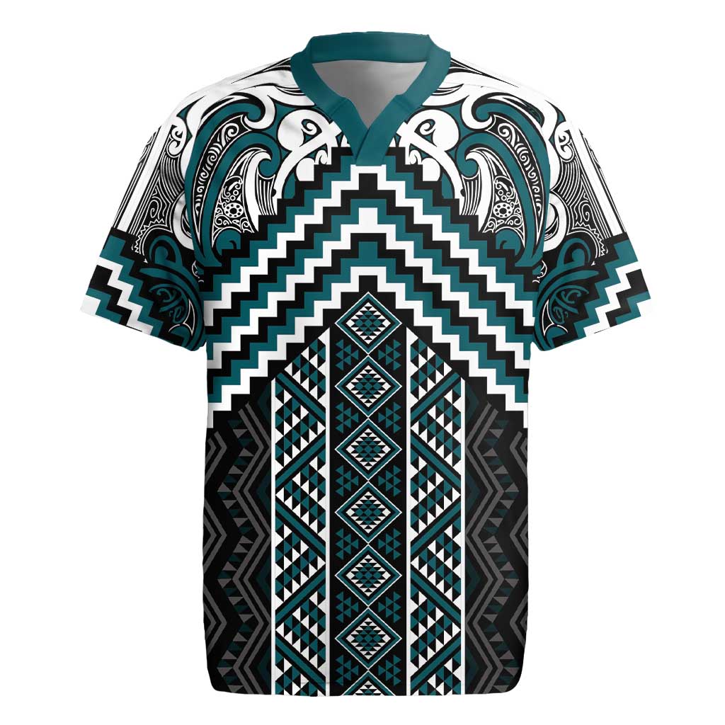 Maori Tukutuku Taniko Motifs Rugby Jersey Teal Poutama Mix Kowhaiwhai LT7 Teal - Polynesian Pride
