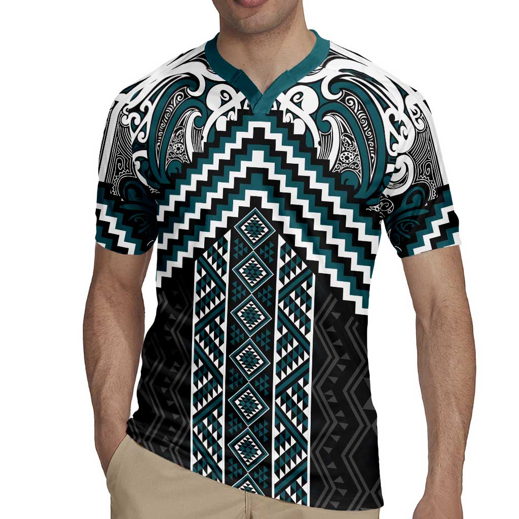 Maori Tukutuku Taniko Motifs Rugby Jersey Teal Poutama Mix Kowhaiwhai LT7 - Polynesian Pride