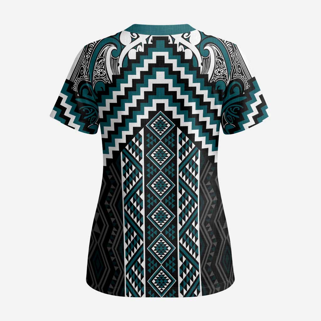 Maori Tukutuku Taniko Motifs Scrub Top Teal Poutama Mix Kowhaiwhai - Polynesian Pride