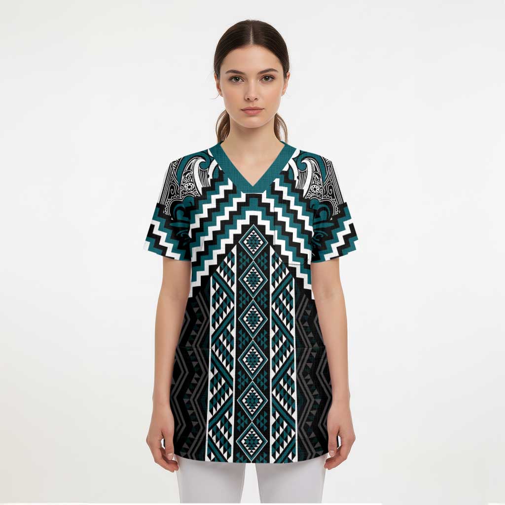 Maori Tukutuku Taniko Motifs Scrub Top Teal Poutama Mix Kowhaiwhai - Polynesian Pride