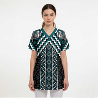 Maori Tukutuku Taniko Motifs Scrub Top Teal Poutama Mix Kowhaiwhai - Polynesian Pride