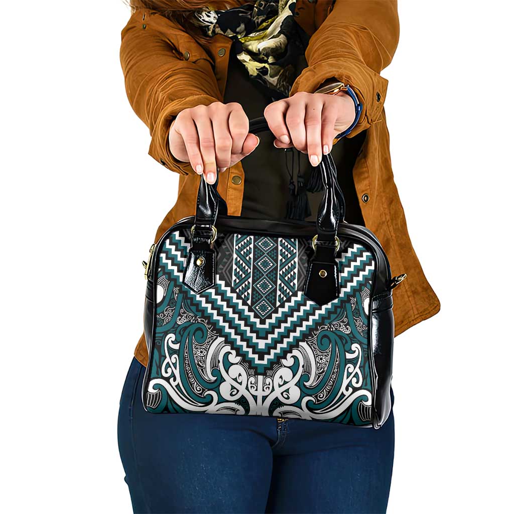 Maori Tukutuku Taniko Motifs Shoulder Handbag Teal Poutama Mix Kowhaiwhai