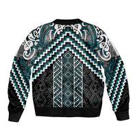 Maori Tukutuku Taniko Motifs Sleeve Zip Bomber Jacket Teal Poutama Mix Kowhaiwhai