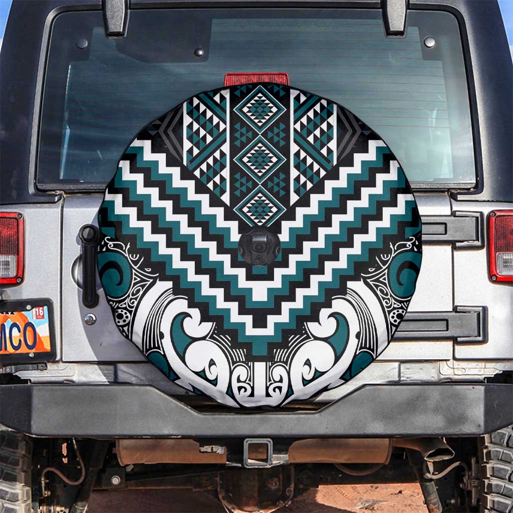 Maori Tukutuku Taniko Motifs Spare Tire Cover Teal Poutama Mix Kowhaiwhai