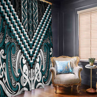 Maori Tukutuku Taniko Motifs Window Curtain Teal Poutama Mix Kowhaiwhai