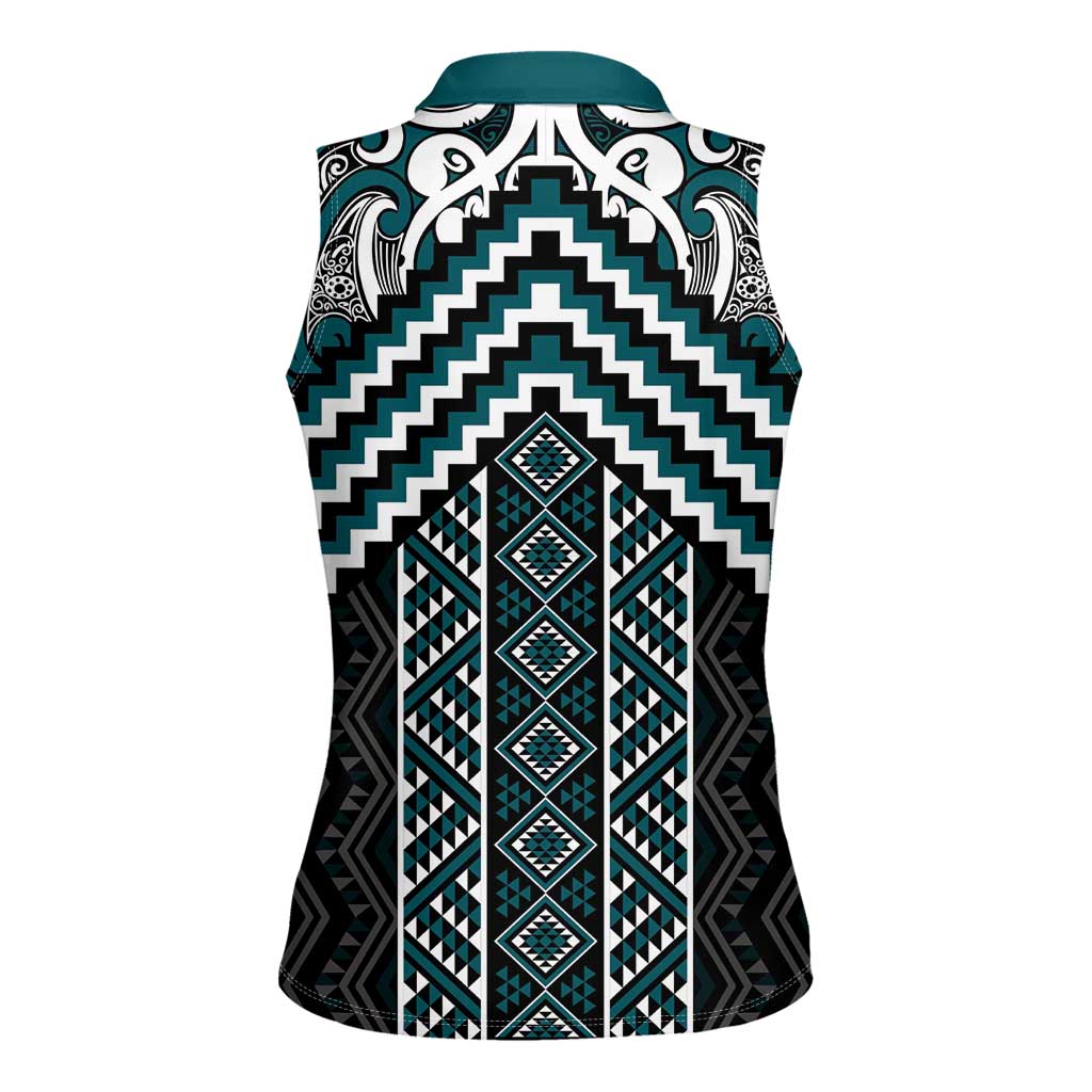 Maori Tukutuku Taniko Motifs Women Sleeveless Polo Shirt Teal Poutama Mix Kowhaiwhai