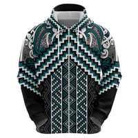 Maori Tukutuku Taniko Motifs Zip Hoodie Teal Poutama Mix Kowhaiwhai
