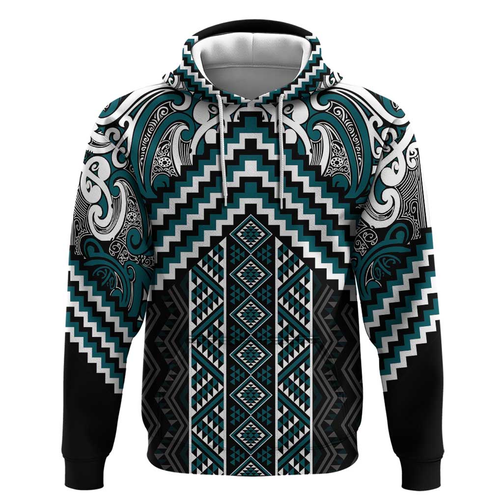 Maori Tukutuku Taniko Motifs Zip Hoodie Teal Poutama Mix Kowhaiwhai