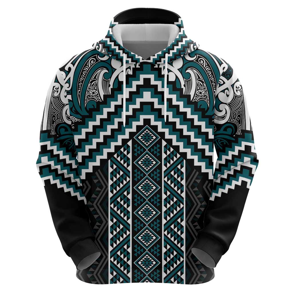 Maori Tukutuku Taniko Motifs Zip Hoodie Teal Poutama Mix Kowhaiwhai
