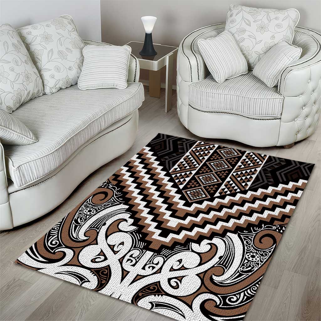 Maori Tukutuku Taniko Motifs Area Rug Brown Poutama Mix Kowhaiwhai