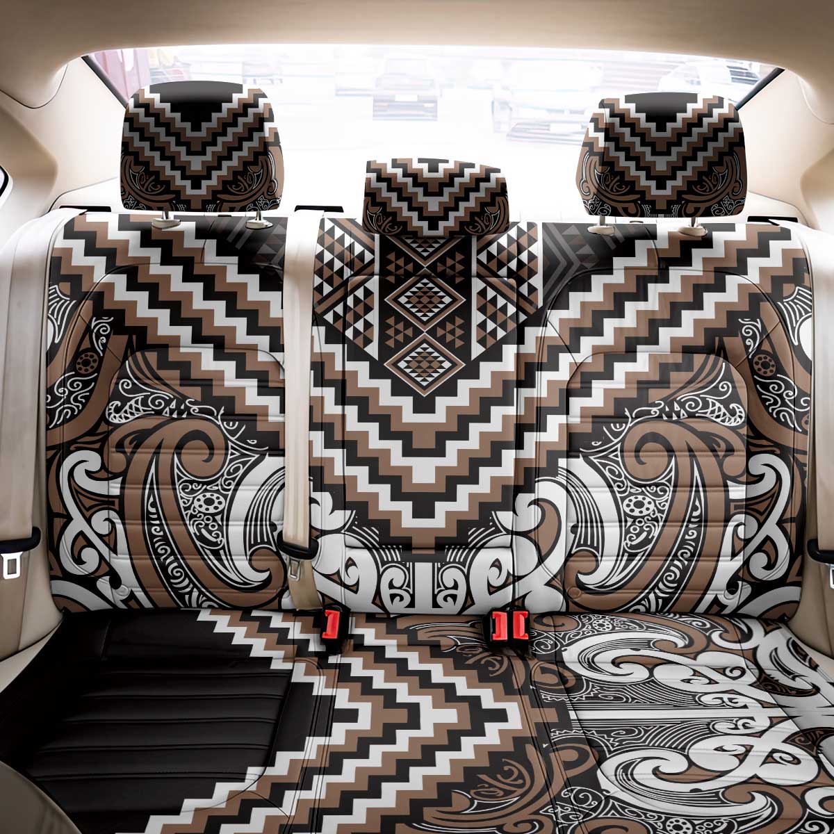 Maori Tukutuku Taniko Motifs Back Car Seat Cover Brown Poutama Mix Kowhaiwhai