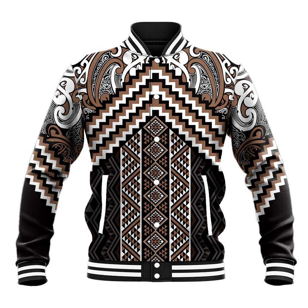 Maori Tukutuku Taniko Motifs Baseball Jacket Brown Poutama Mix Kowhaiwhai LT7 Unisex Brown - Polynesian Pride
