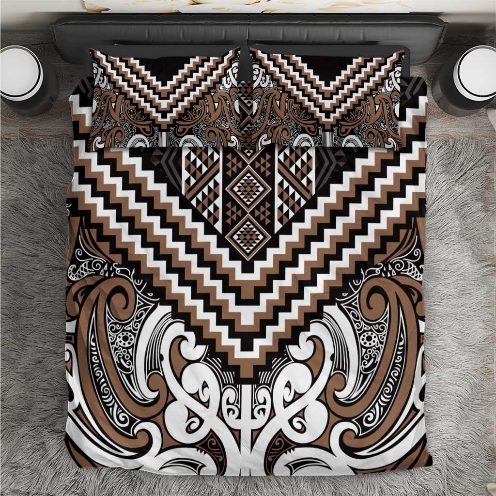 Maori Tukutuku Taniko Motifs Bedding Set Brown Poutama Mix Kowhaiwhai