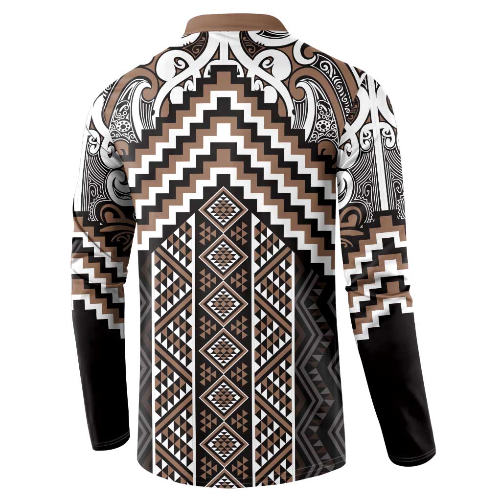 Maori Tukutuku Taniko Motifs Button Sweatshirt Brown Poutama Mix Kowhaiwhai