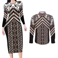 Maori Tukutuku Taniko Motifs Couples Matching Long Sleeve Bodycon Dress and Long Sleeve Button Shirt Brown Poutama Mix Kowhaiwhai LT7 Brown - Polynesian Pride