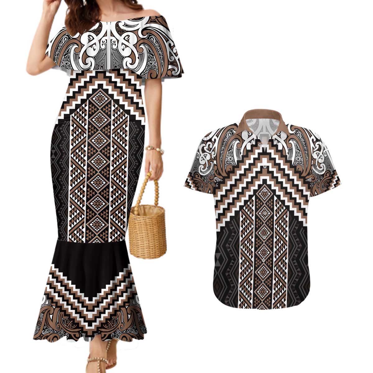 Maori Tukutuku Taniko Motifs Couples Matching Mermaid Dress and Hawaiian Shirt Brown Poutama Mix Kowhaiwhai LT7 Brown - Polynesian Pride