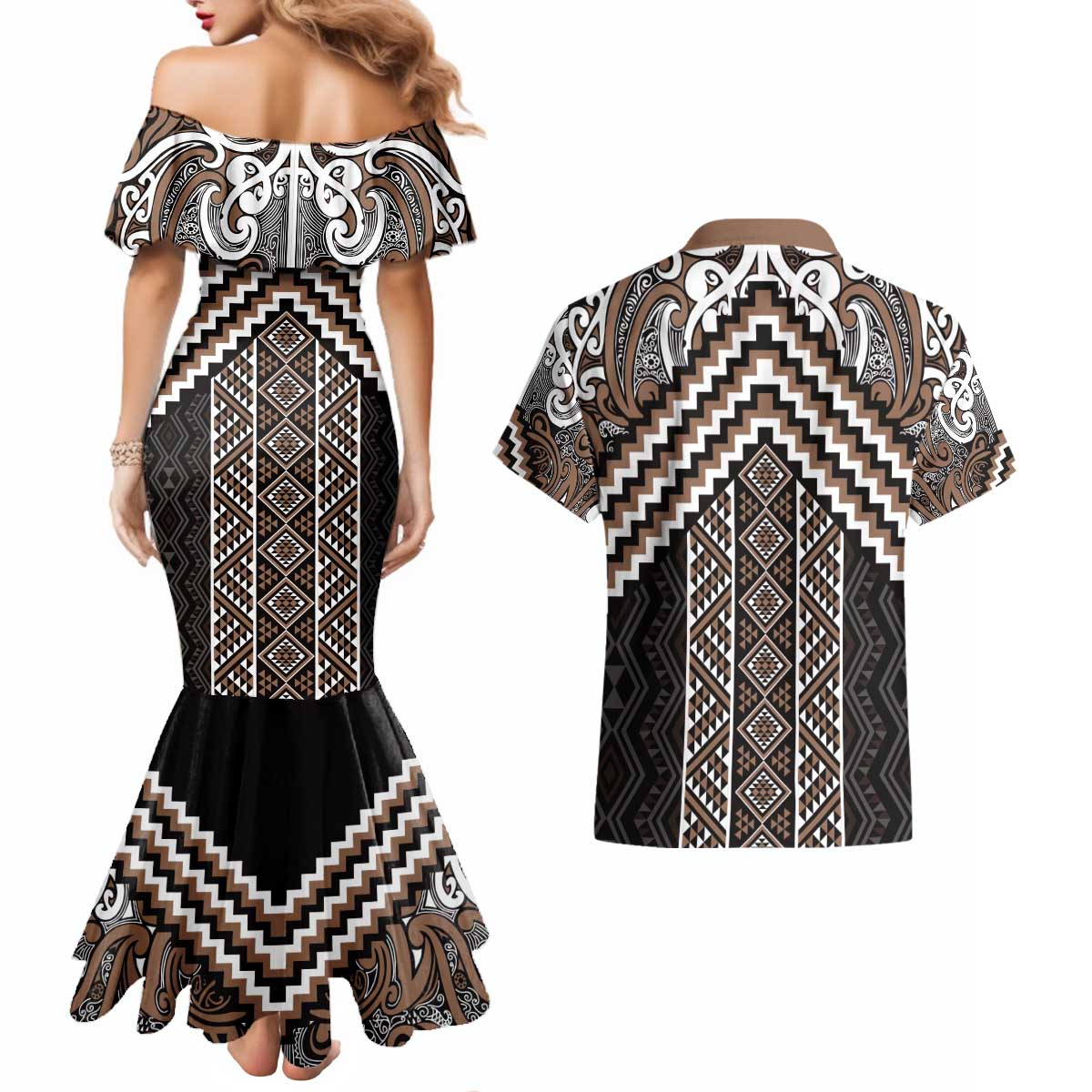 Maori Tukutuku Taniko Motifs Couples Matching Mermaid Dress and Hawaiian Shirt Brown Poutama Mix Kowhaiwhai LT7 - Polynesian Pride