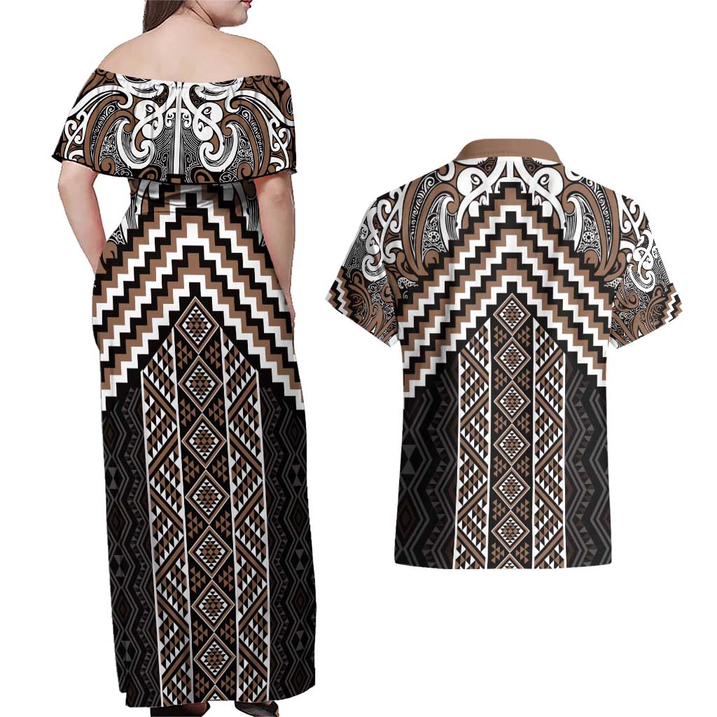 Maori Tukutuku Taniko Motifs Couples Matching Off Shoulder Maxi Dress and Hawaiian Shirt Brown Poutama Mix Kowhaiwhai LT7 - Polynesian Pride