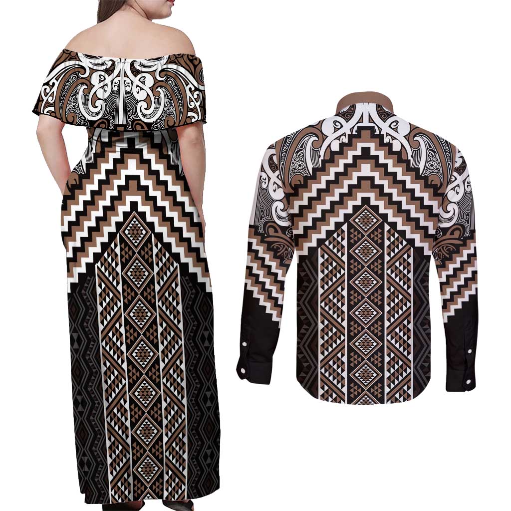 Maori Tukutuku Taniko Motifs Couples Matching Off Shoulder Maxi Dress and Long Sleeve Button Shirt Brown Poutama Mix Kowhaiwhai