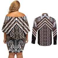 Maori Tukutuku Taniko Motifs Couples Matching Off Shoulder Short Dress and Long Sleeve Button Shirt Brown Poutama Mix Kowhaiwhai