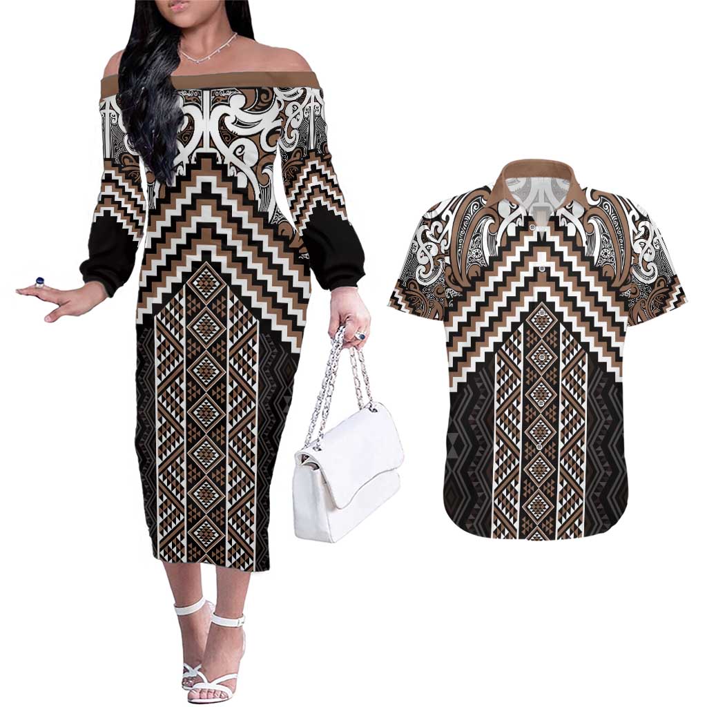 Maori Tukutuku Taniko Motifs Couples Matching Off The Shoulder Long Sleeve Dress and Hawaiian Shirt Brown Poutama Mix Kowhaiwhai