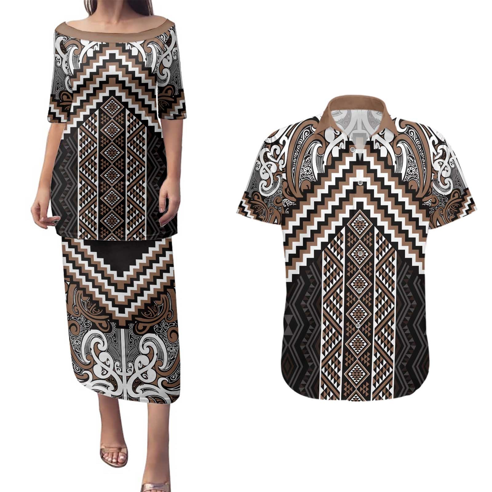 Maori Tukutuku Taniko Motifs Couples Matching Puletasi and Hawaiian Shirt Brown Poutama Mix Kowhaiwhai LT7 Brown - Polynesian Pride