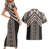 Maori Tukutuku Taniko Motifs Couples Matching Short Sleeve Bodycon Dress and Hawaiian Shirt Brown Poutama Mix Kowhaiwhai LT7 - Polynesian Pride