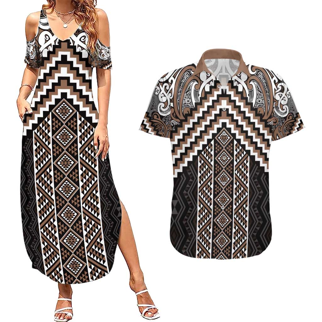 Maori Tukutuku Taniko Motifs Couples Matching Summer Maxi Dress and Hawaiian Shirt Brown Poutama Mix Kowhaiwhai LT7 Brown - Polynesian Pride