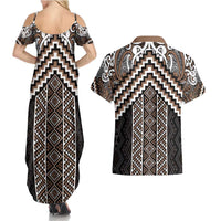 Maori Tukutuku Taniko Motifs Couples Matching Summer Maxi Dress and Hawaiian Shirt Brown Poutama Mix Kowhaiwhai LT7 - Polynesian Pride