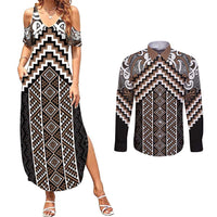 Maori Tukutuku Taniko Motifs Couples Matching Summer Maxi Dress and Long Sleeve Button Shirt Brown Poutama Mix Kowhaiwhai