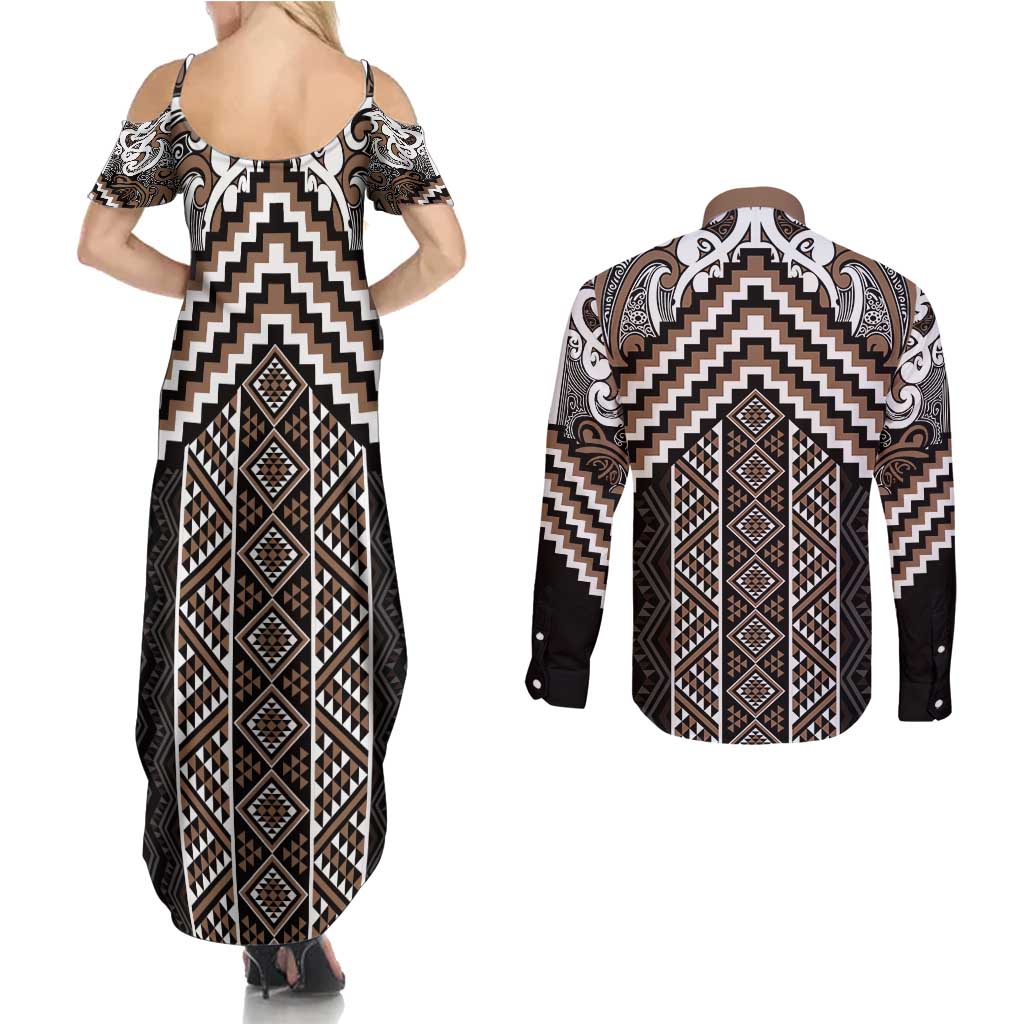 Maori Tukutuku Taniko Motifs Couples Matching Summer Maxi Dress and Long Sleeve Button Shirt Brown Poutama Mix Kowhaiwhai