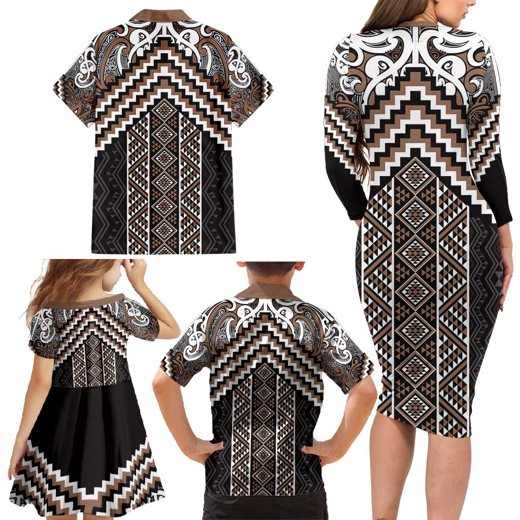 Maori Tukutuku Taniko Motifs Family Matching Long Sleeve Bodycon Dress and Hawaiian Shirt Brown Poutama Mix Kowhaiwhai LT7 - Polynesian Pride